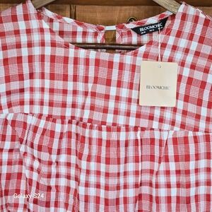 Bloomchic Red White Gingham Tiered Babydoll Top Flutter Sleeve NWT US 10